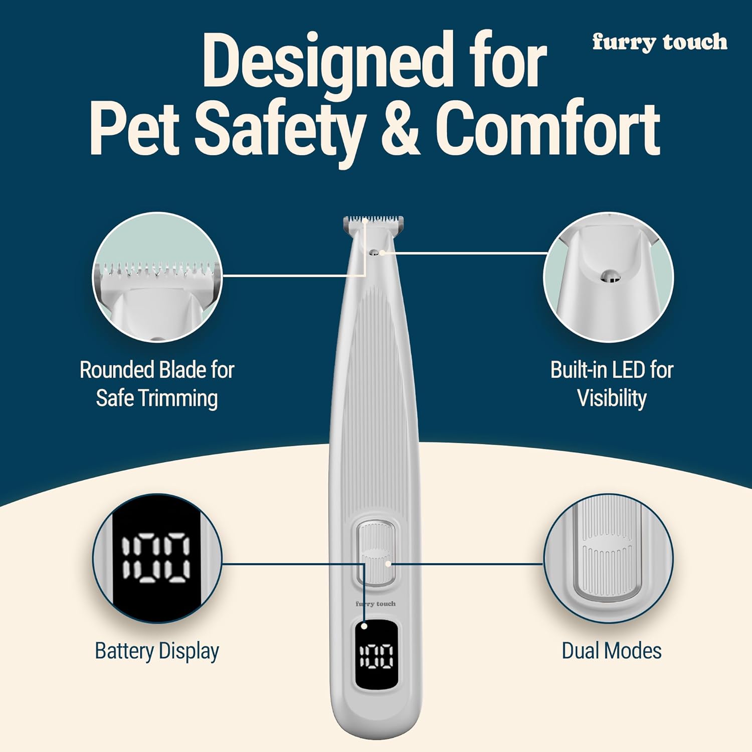 Dog Paw Trimmer - Electric Cordless Pet Clippers for Dogs &amp; Cats - Quiet Dual-Speed Groomer with Pet-Safe Blade for Feet, Ears, Face - USB-C Rechargeable - with Travel Bag, Comb &amp; Brush