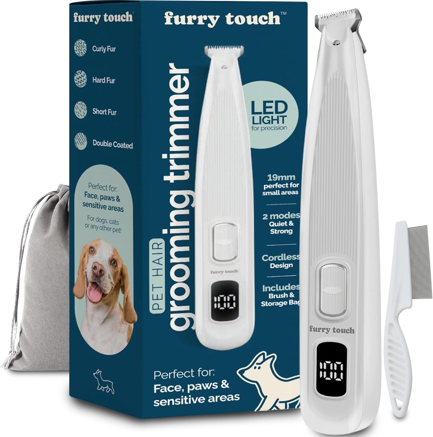 Dog Paw Trimmer - Electric Cordless Pet Clippers for Dogs &amp; Cats - Quiet Dual-Speed Groomer with Pet-Safe Blade for Feet, Ears, Face - USB-C Rechargeable - with Travel Bag, Comb &amp; Brush